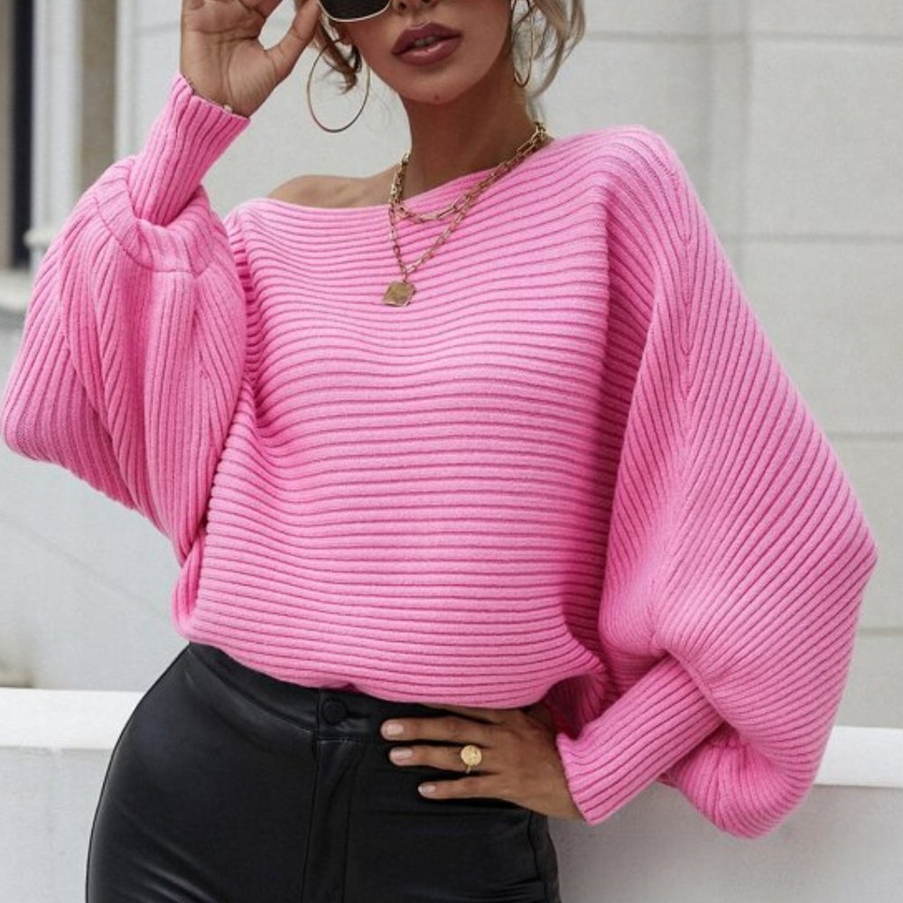 PINK Ribbed Knit Batwing Sleeve Sweater